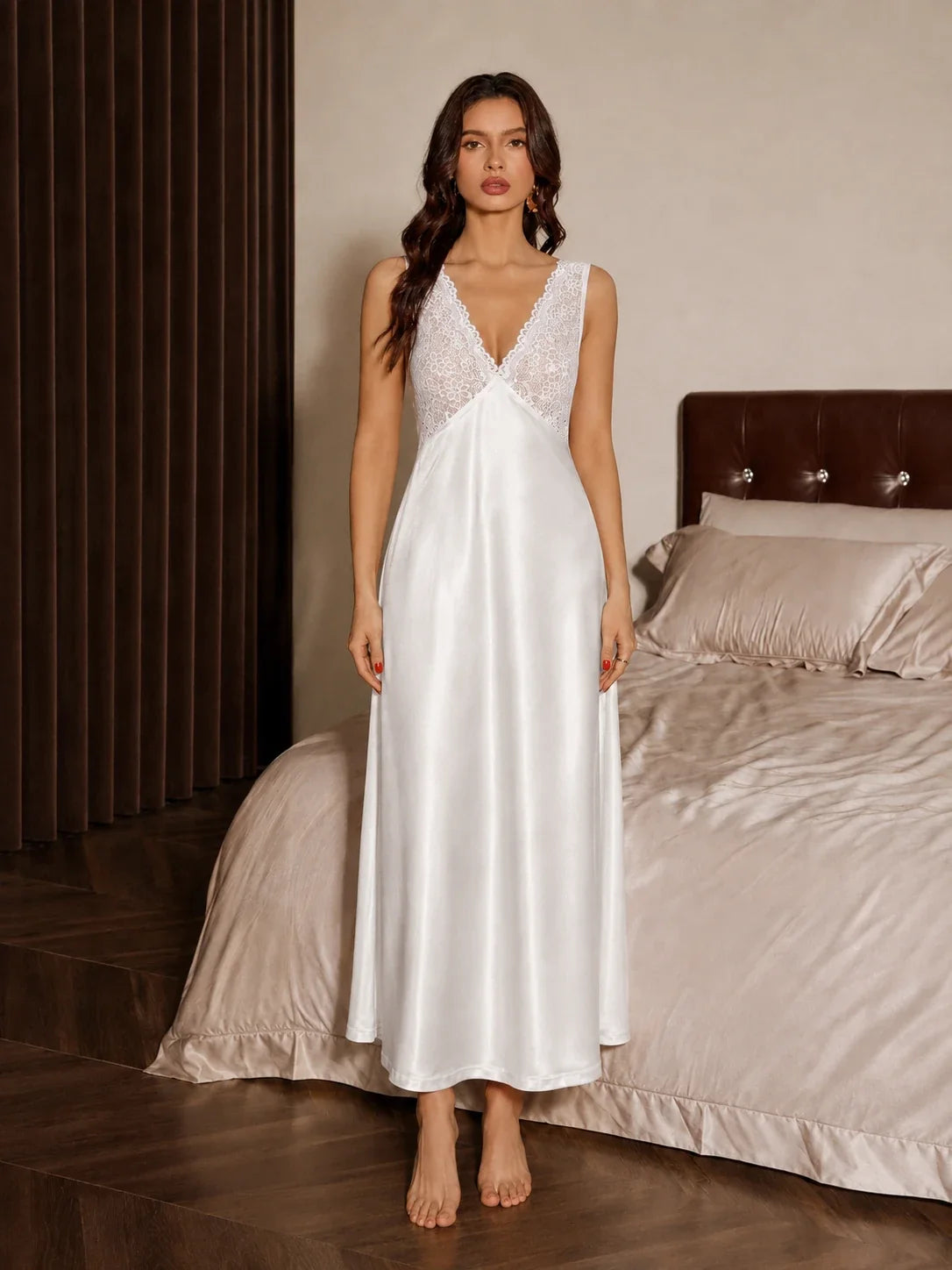 Satin lace V-neck sleep dress with open back - View 4 | TEVQA