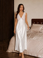 Satin lace V-neck sleep dress with open back - View 7 | TEVQA