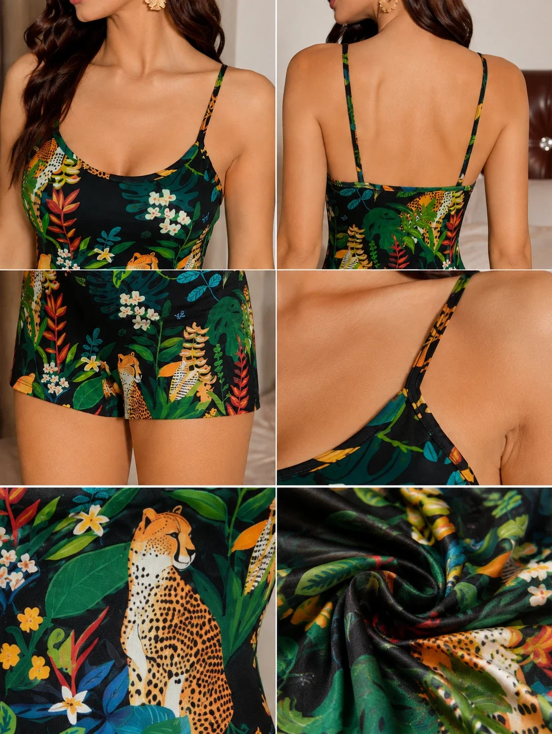 Full body shot of a woman in a comfortable printed romper