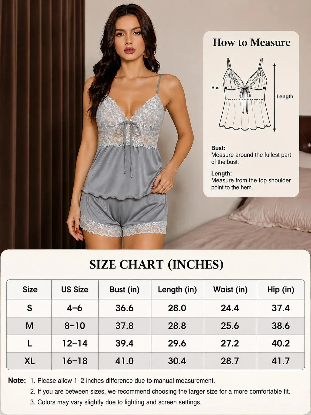 Women's lace trim cami and shorts set - View 8 | TEVQA