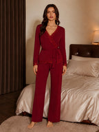Women's lace trim pajama set with wrap V-neck top and tie waist - View 4 | TEVQA