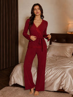 Women's lace trim pajama set with wrap V-neck top and tie waist - View 5 | TEVQA