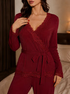 Women's lace trim pajama set with wrap V-neck top and tie waist - View 6 | TEVQA
