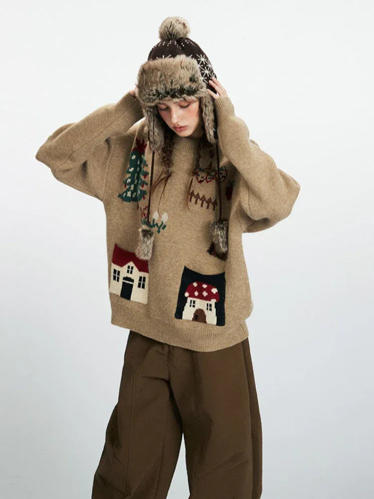 Whimsical Holiday House Pocket Sweater - TEVQA
