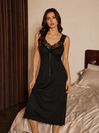 Rib knit midi nightgown with lace trim and V-neck - View 5 | TEVQA