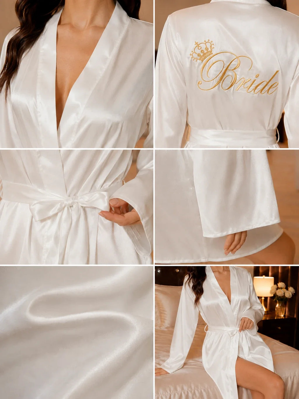 White bridal satin robe with gold 'Bride' embroidery and crown motif on back - View 6 | TEVQA