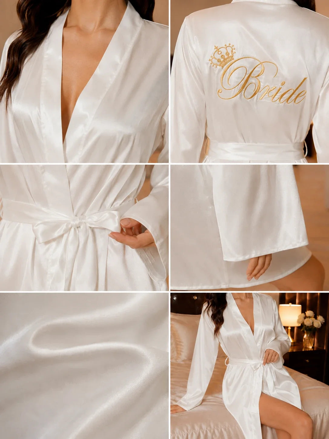 White bridal satin robe with gold 'Bride' embroidery and crown motif on back - View 6 | TEVQA