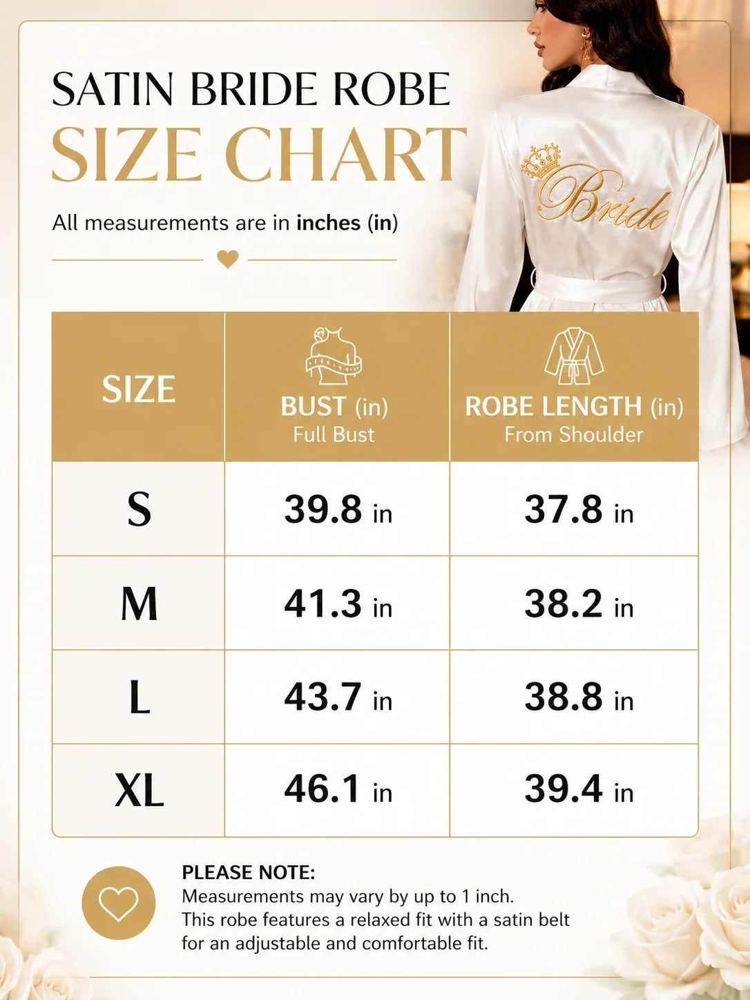 White bridal satin robe with gold 'Bride' embroidery and crown motif on back - View 8 | TEVQA