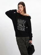 Y2K Grunge Faux Fur Trim Off-Shoulder Sweater - TEVQA
