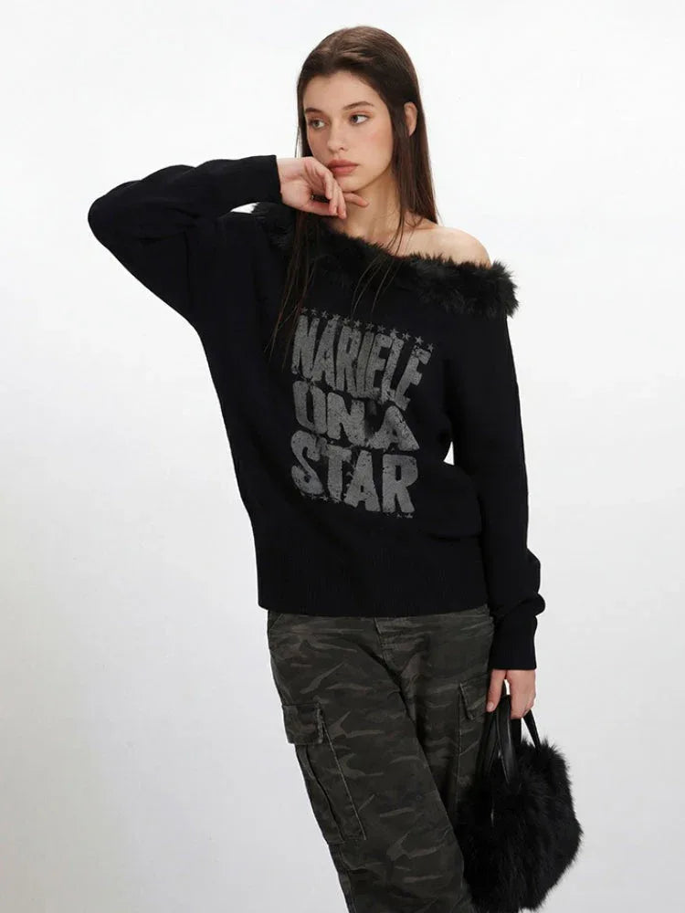 Y2K Grunge Faux Fur Trim Off-Shoulder Sweater - TEVQA