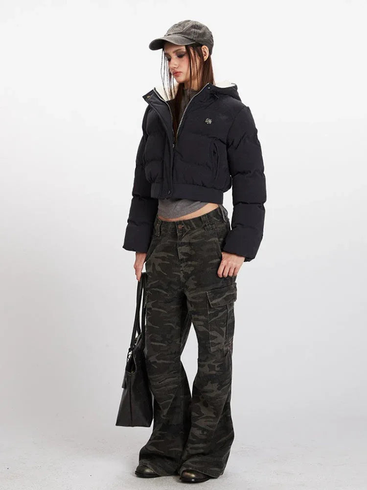 Textured Cropped Hooded Puffer Jacket - TEVQA