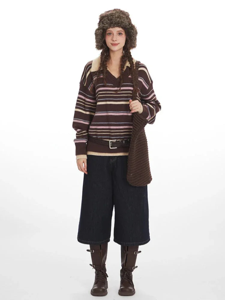 90s Retro Mocha & Berry Striped Polo Sweater - TEVQA