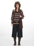 90s Retro Mocha & Berry Striped Polo Sweater - TEVQA