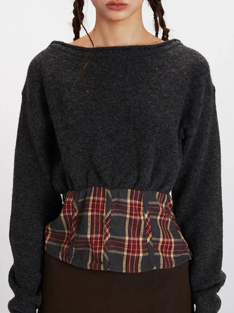 Vintage Plaid Spliced Knit Sweater - TEVQA