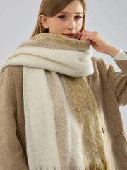 Women's Oversized Color Block Scarf Soft Bouclé Knit with Fringe Tassels - Beige & Camel