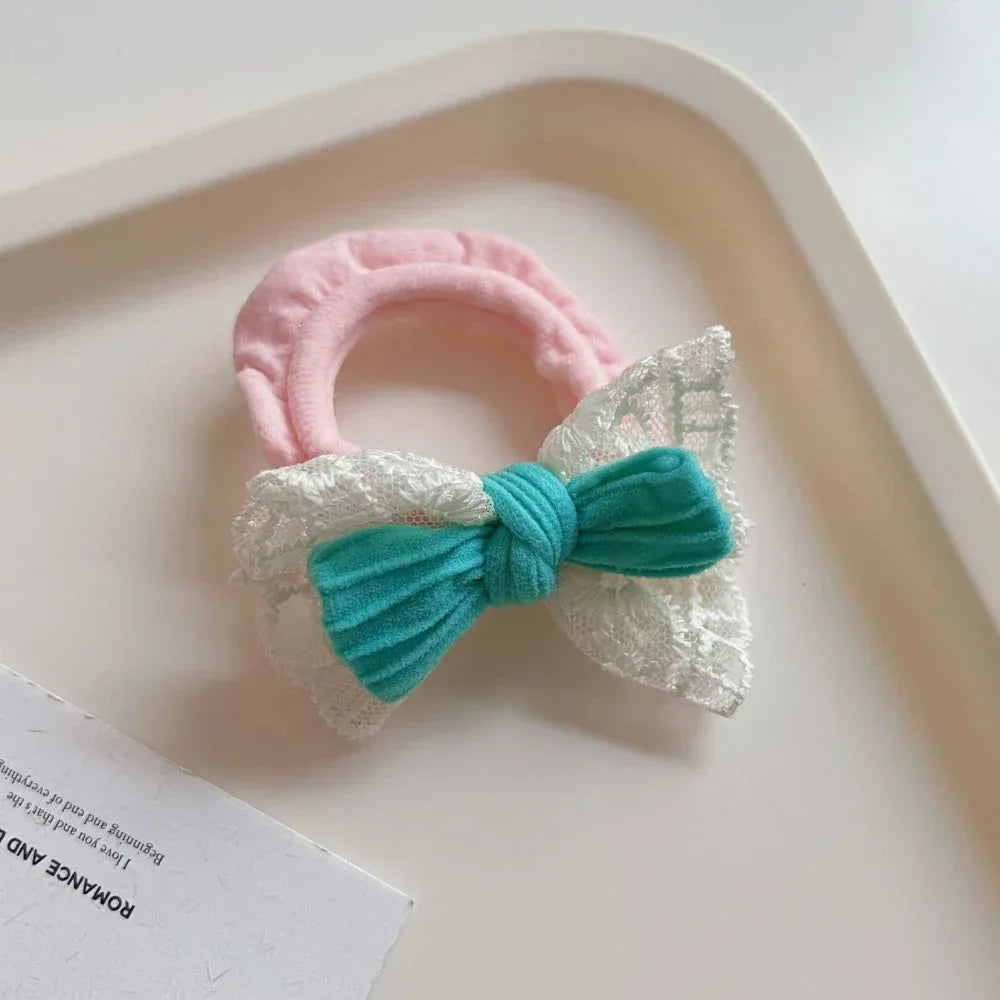 Dainty lace bow scrunchie with terry cloth base - View 7 | TEVQA