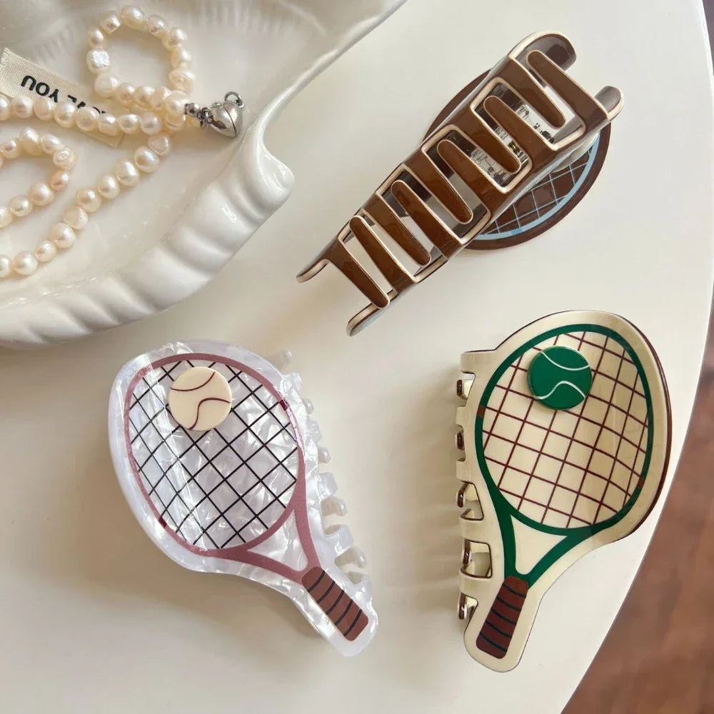 Tennis Racket Acetate Hair Claw Clip - 4 Inch Preppy Sporty Accessory - TEVQA