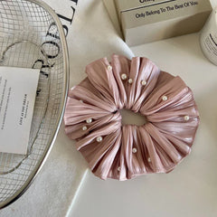 Jumbo Plissé Satin & Pearl Scrunchie (7 Inch) - TEVQA