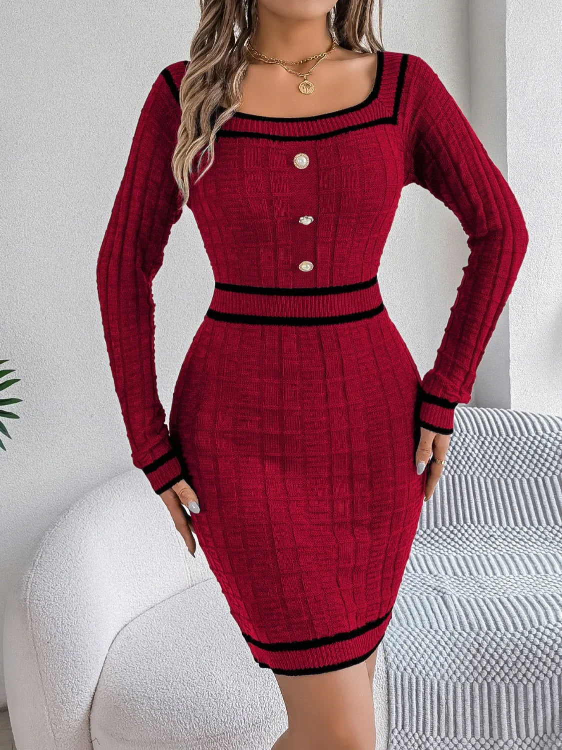 Vintage Red Square Neck Knit Dress - TEVQA