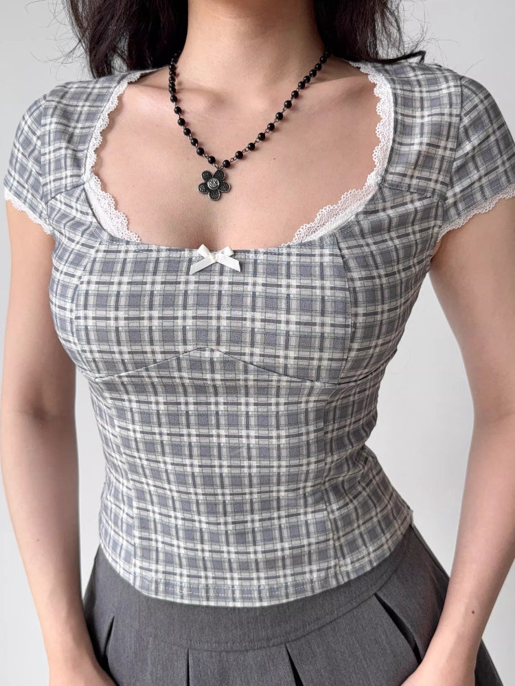 Grey Plaid Lace Trim Slim Fit T-Shirt