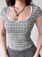 Grey Plaid Lace Trim Slim Fit T-Shirt