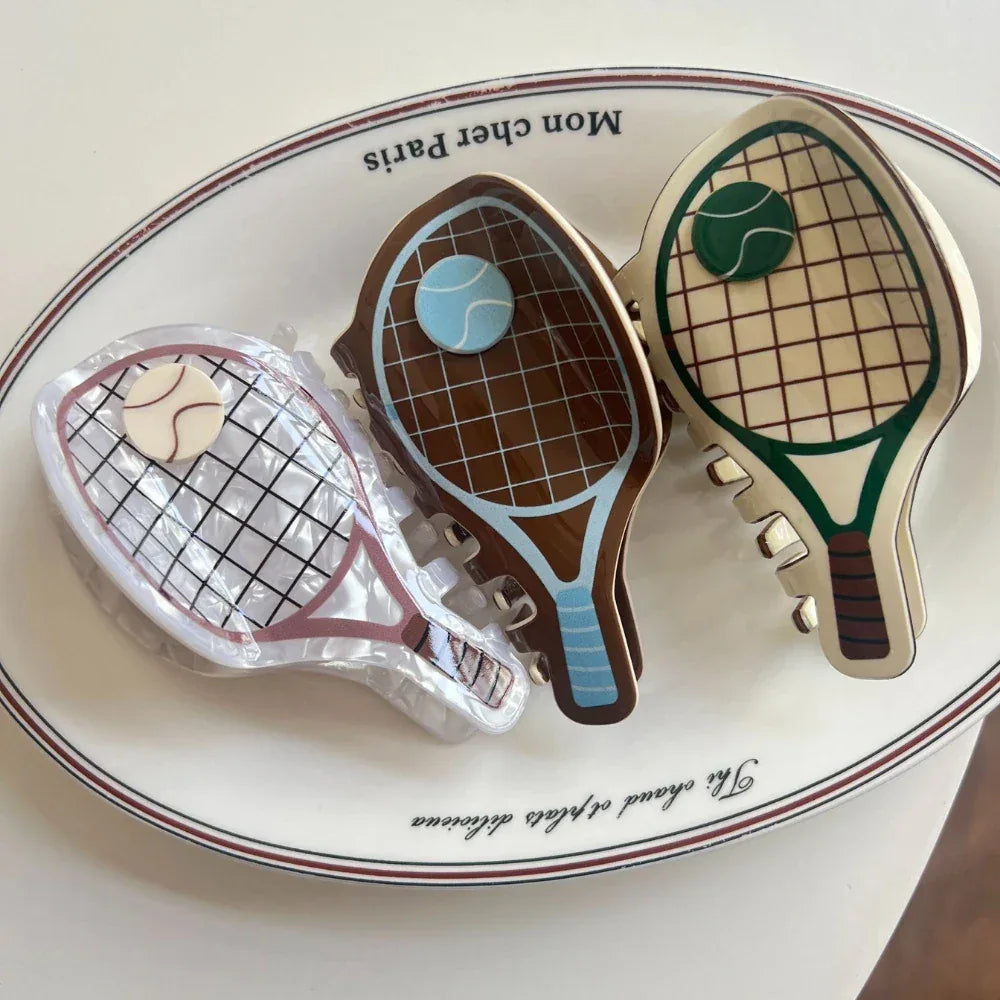 Tennis Racket Acetate Hair Claw Clip - 4 Inch Preppy Sporty Accessory - TEVQA