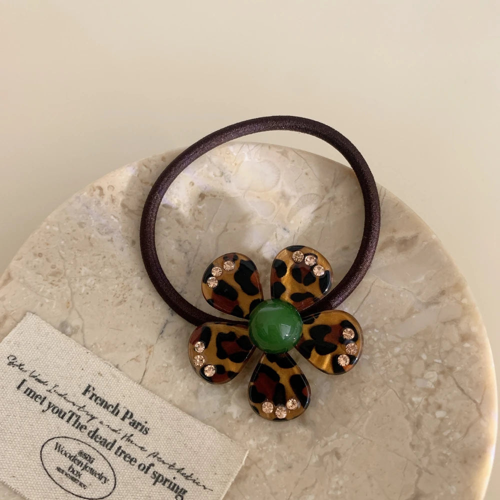 Acetate Leopard Flower Charm Hair Tie with Rhinestones (2.2 Inch)