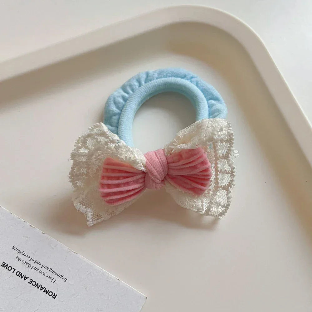 Dainty lace bow scrunchie with terry cloth base - View 8 | TEVQA