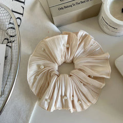 Jumbo Plissé Satin & Pearl Scrunchie (7 Inch) - TEVQA