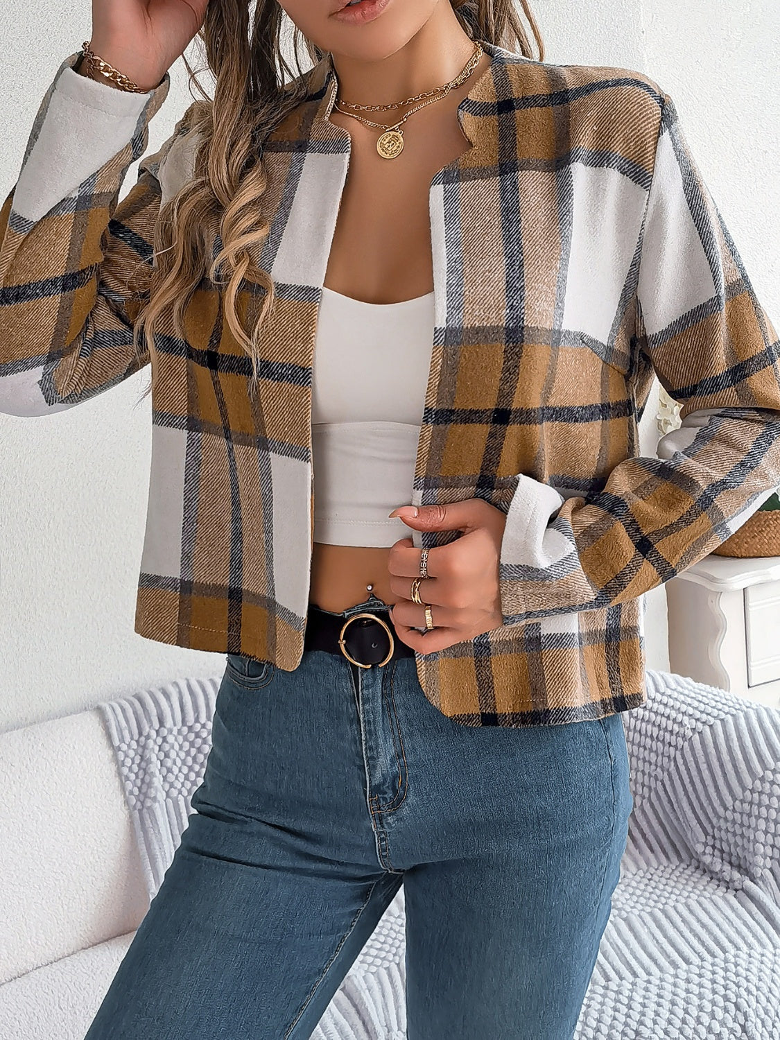 Chic Navy Blue Plaid Cropped Jacket