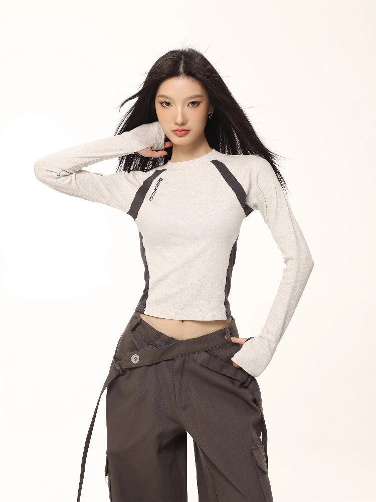 Women's Color Block Raglan Long Sleeve Top Slim Fit Sporty Tee