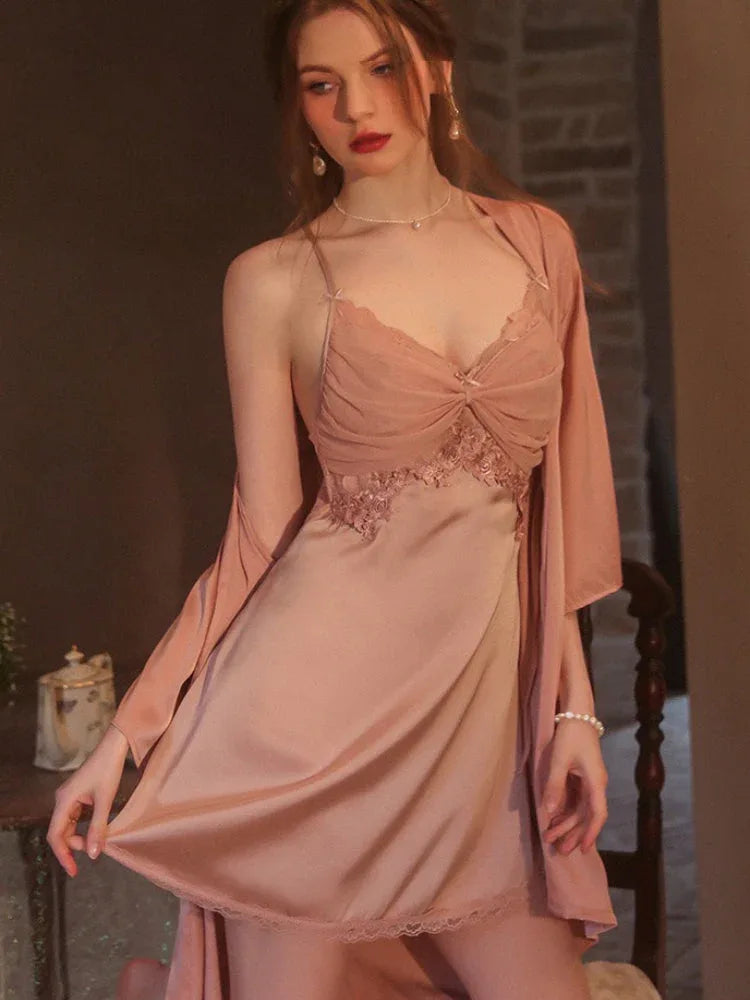 Vintage Cream | Twist-Front Lace & Mesh Satin Robe Set - TEVQA