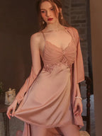 Vintage Cream | Twist-Front Lace & Mesh Satin Robe Set - TEVQA