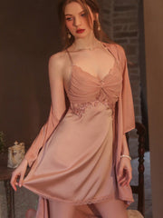 Vintage Cream | Twist-Front Lace & Mesh Satin Robe Set