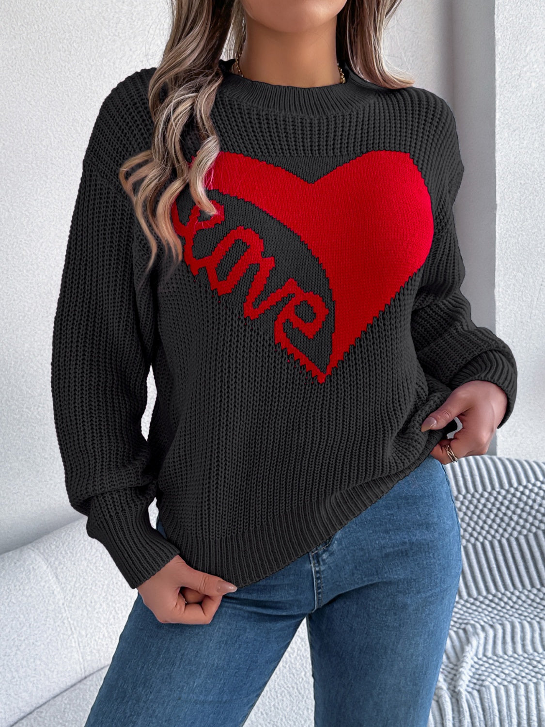 Romantic Pink Heart LOVE Knit Sweater