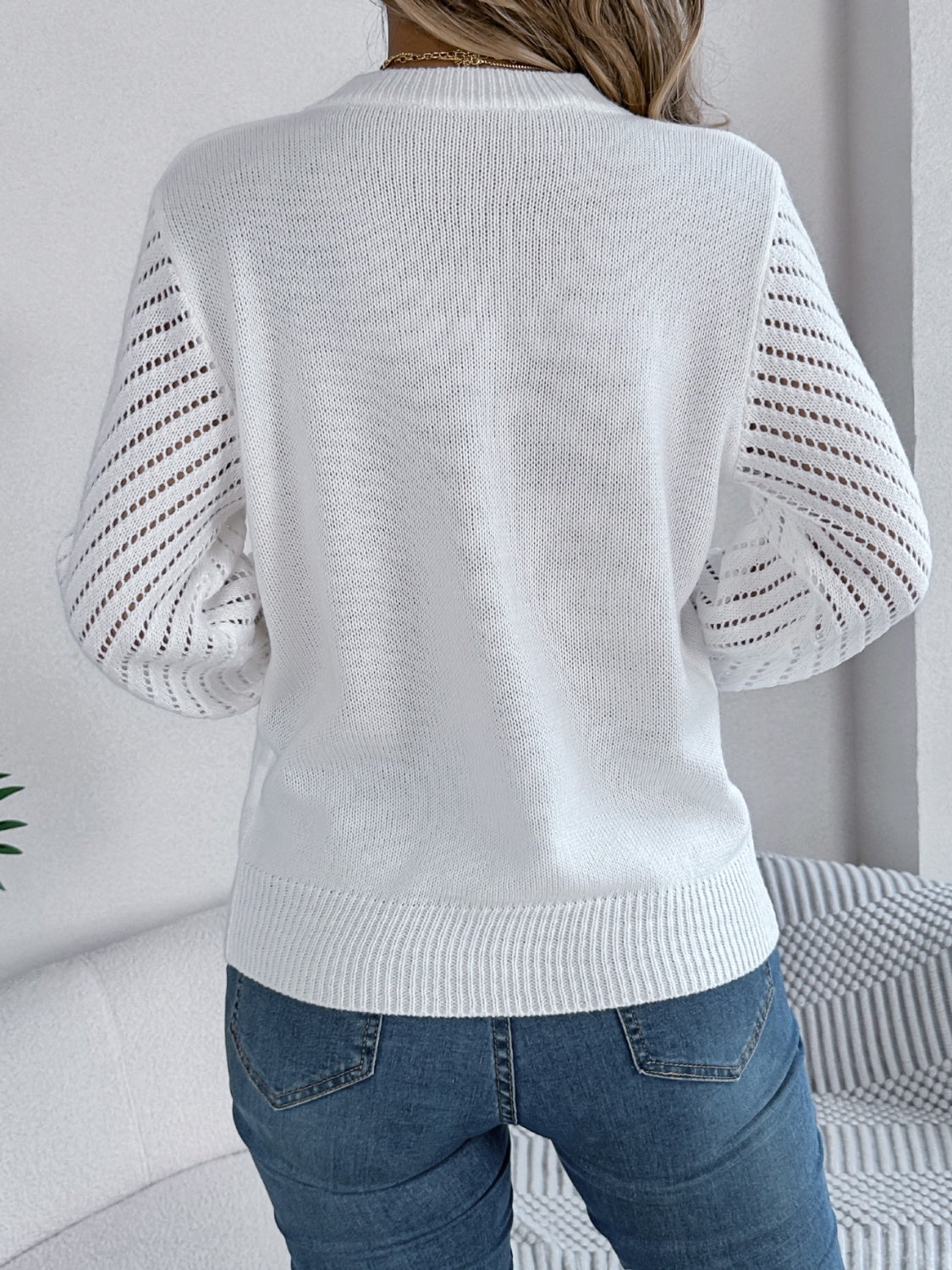 White Hollow Out Pointelle Knit Sweater