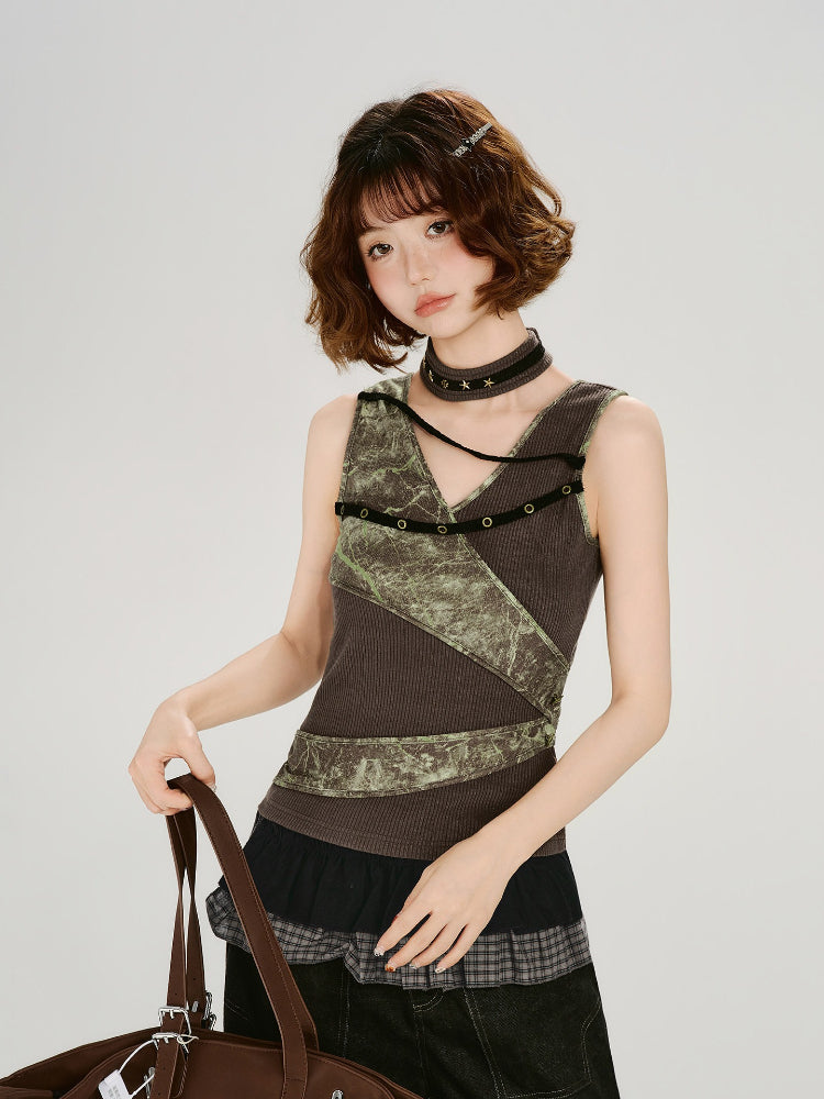 Vintage Grunge Tie-Dye Patchwork Tank Top Brown