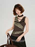Vintage Grunge Tie-Dye Patchwork Tank Top Brown