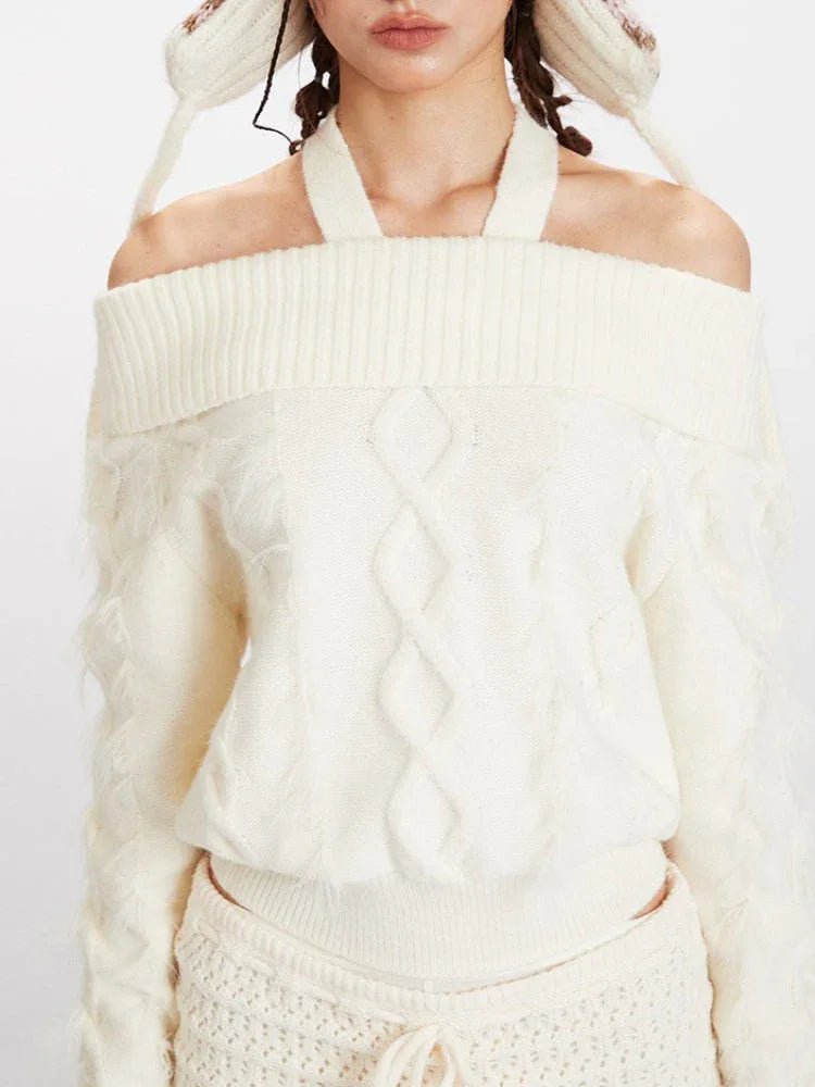 Off-shoulder cable knit sweater with textured fabric - View 6 | TEVQA