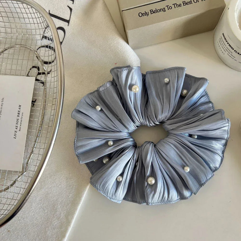 Jumbo Plissé Satin & Pearl Scrunchie (7 Inch) - TEVQA