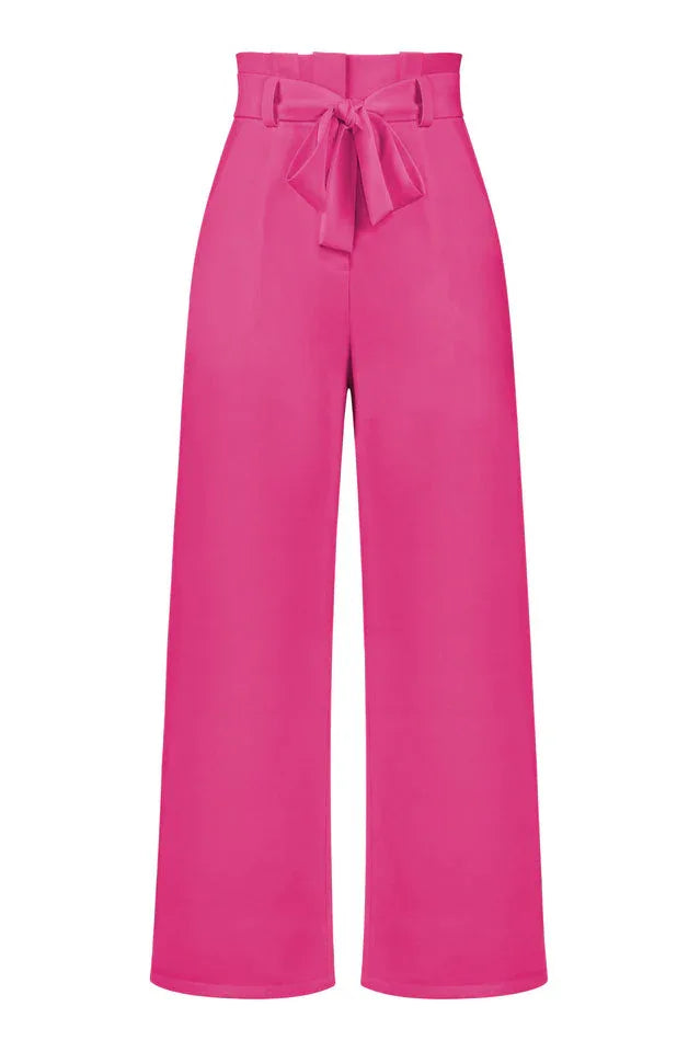 pink high waist wide leg pants with tie detail