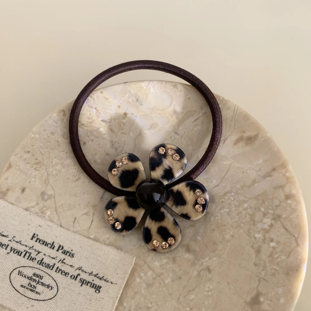 Acetate Leopard Flower Charm Hair Tie with Rhinestones (2.2 Inch)