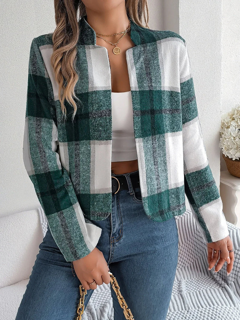 Navy blue plaid cropped jacket - View 22 | TEVQA