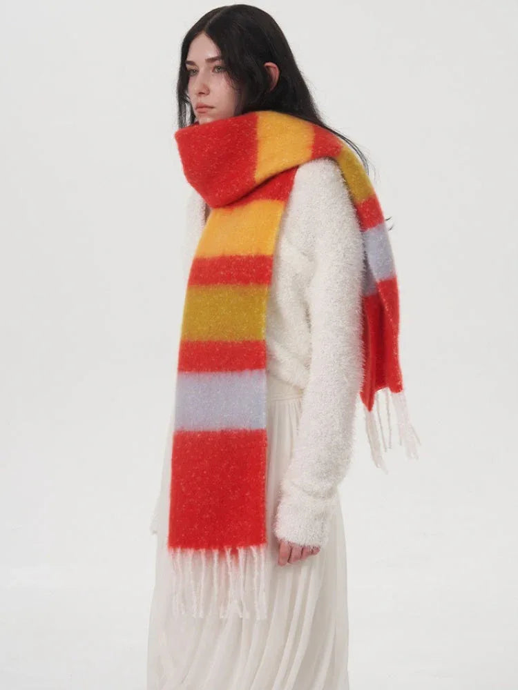 Rainbow stripe fuzzy knit scarf - View 6 | TEVQA