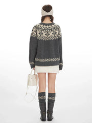 Charcoal Grey Fair Isle Crewneck Sweater - TEVQA