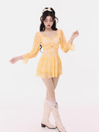 Yellow Tie-Dye Long Sleeve Swim Dress