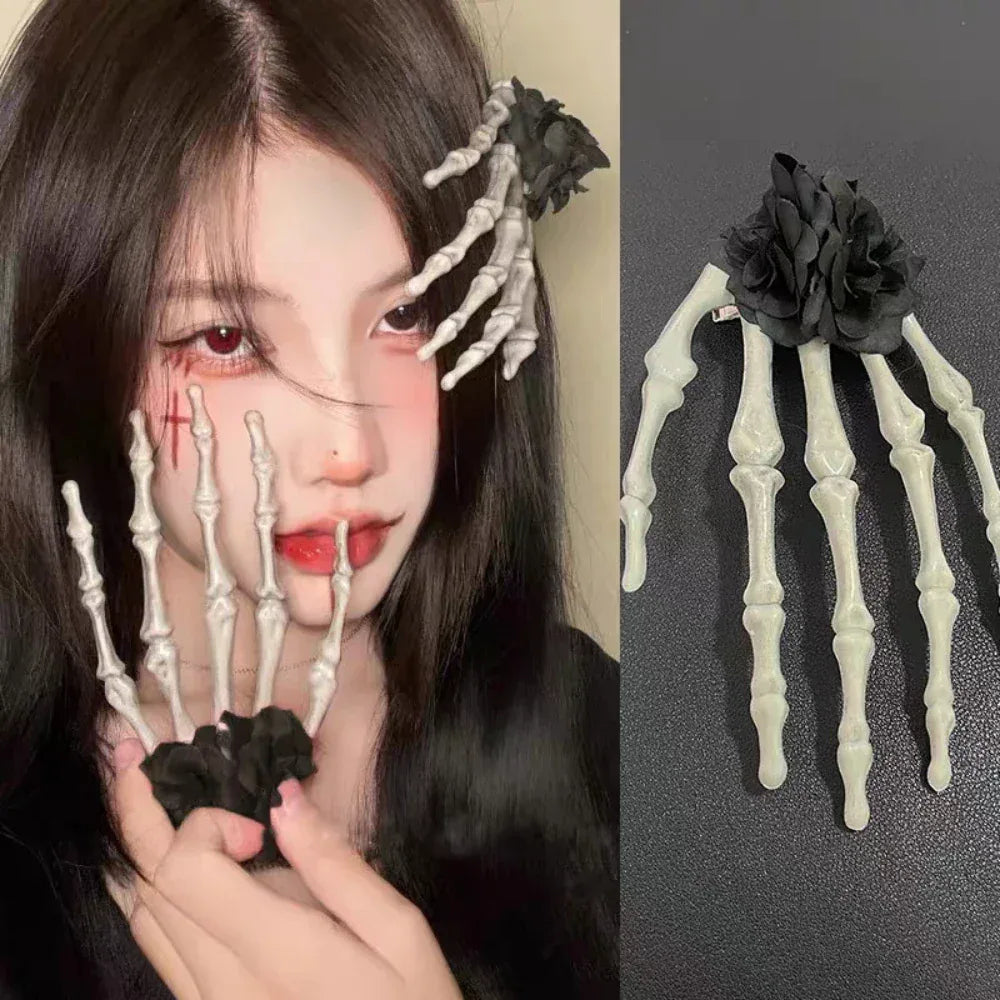 Gothic Skeleton Hand Hair Clip with Fabric Rose - View 6 | TEVQA