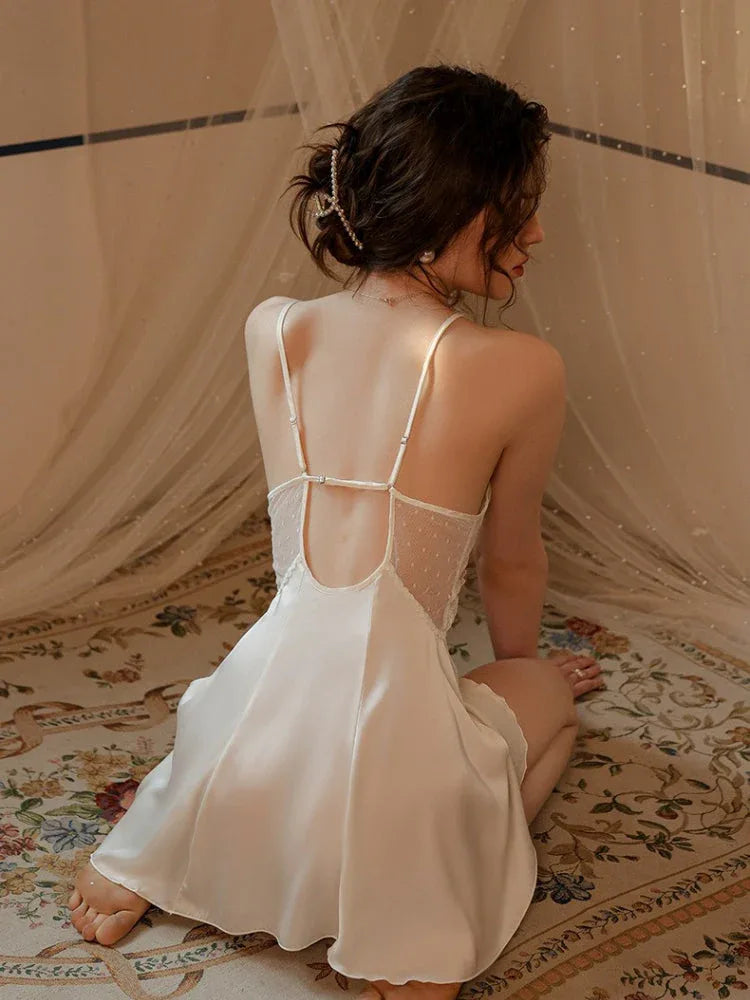 French Princess | Dot Mesh & Lace Satin Robe Set - TEVQA