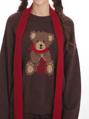 Festive Teddy Bear Oversized Knit Sweater - TEVQA