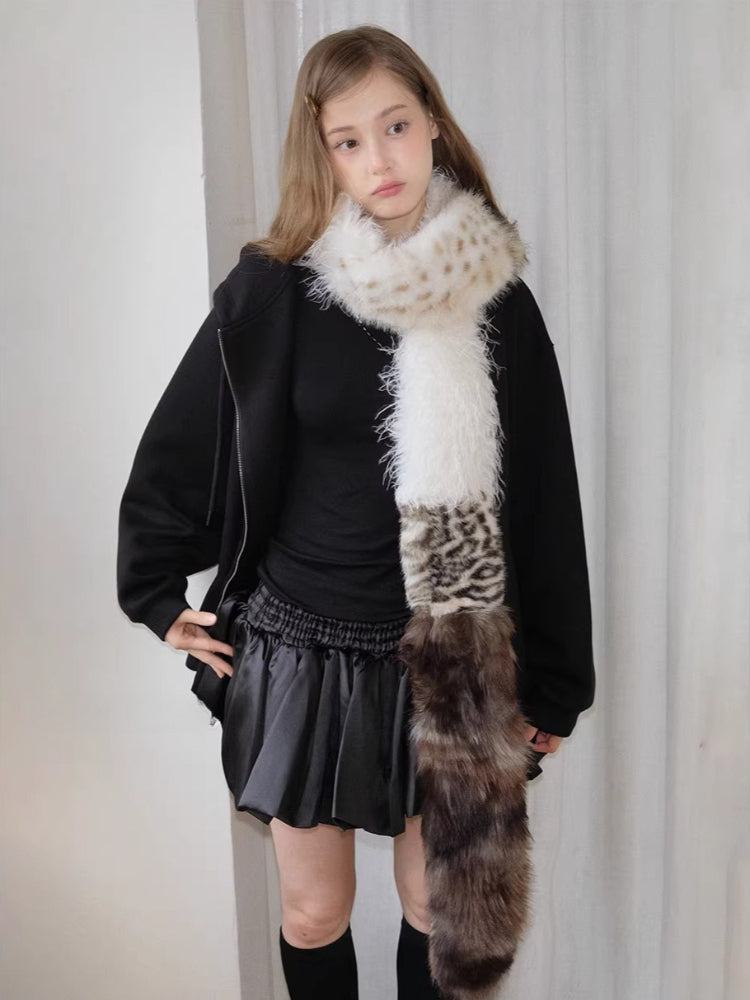 Patchwork Faux Fur Scarf Leopard Print Extra Long 96 Inch Y2K